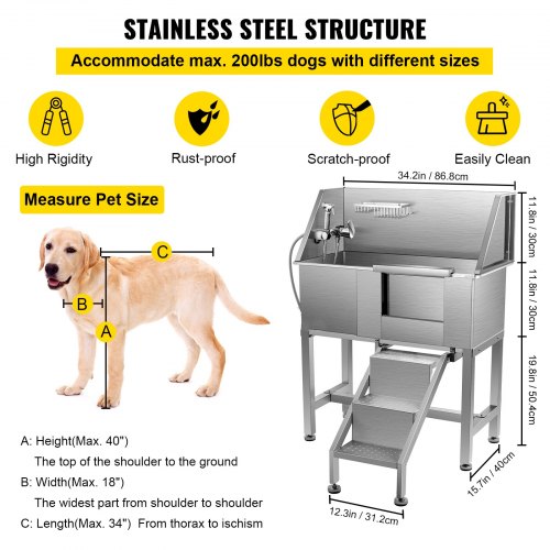 34" Dog Grooming Tub, Right Pet Wash Station, Professional Stainless Steel Pet Grooming Tub Rated 220LBS Load Capacity, Non-Skid Dog Washing Station Come with Ramp, Faucet, Sprayer and Drain Kit