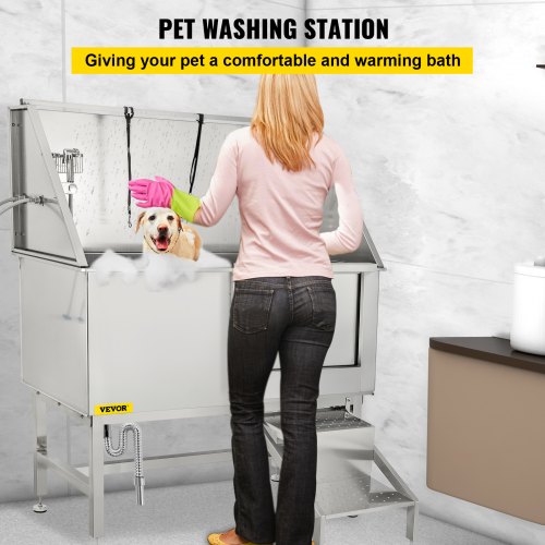 50inch Dog Grooming Tub Baths Dog Grooming Bath Stainless Steel Dog Baths for Large Dogs with Steps Faucet Dog Washing Station Right Door