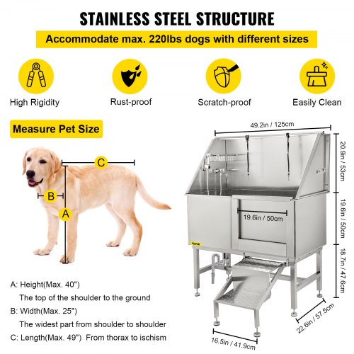 50inch Dog Grooming Tub Baths Dog Grooming Bath Stainless Steel Dog Baths for Large Dogs with Steps Faucet Dog Washing Station Right Door