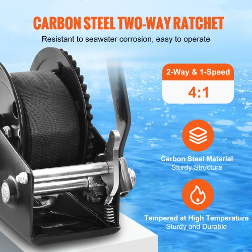 Hand Winch, 1200 lbs Pulling Capacity, Boat Trailer Winch Heavy Duty Rope Crank with 23 ft Polyester Strap and Two-Way Ratchet, Manual Operated Hand Crank Winch for Trailer, Boat or ATV Towing