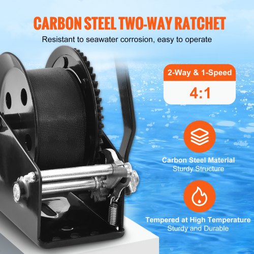 Hand Winch, 1600 lbs Pulling Capacity, Boat Trailer Winch Heavy Duty Rope Crank with 33 ft Polyester Strap and Two-Way Ratchet, Manual Operated Hand Crank Winch for Trailer, Boat or ATV Towing