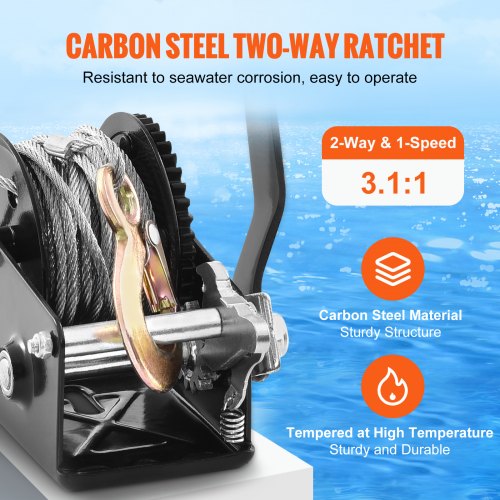 Hand Winch, 800 lbs Pulling Capacity, Boat Trailer Winch Heavy Duty Rope Crank with 33 ft Steel Wire Cable and Two-Way Ratchet, Manual Operated Hand Crank Winch for Trailer, Boat or ATV Towing