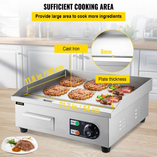 Electric Flat Top Grill 3000W Electric Countertop Griddle Grill 22 Inch Stainless Steel Flat Griddle Hotplate BBQ Kitchen Grill Adjustable Temp Control Restaurant Grill