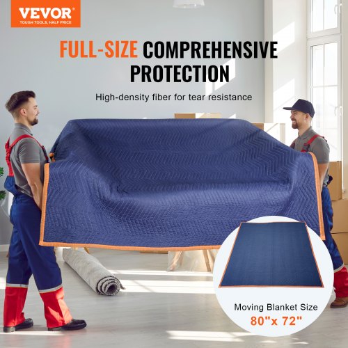 Moving Blankets, 80" x 72", 65 lbs/dz Weight, 12 Packs, Professional Non-Woven & Recycled Cotton Packing Blanket, Heavy Duty Mover Pads for Protecting Furniture, Floors, Appliances, Blue/Orange