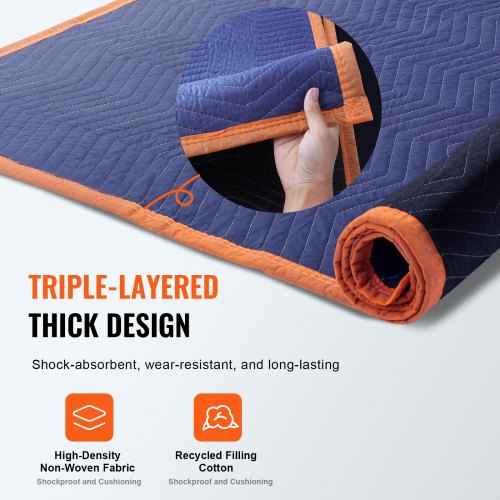 Moving Blankets, 80" x 72", 35 lbs/dz Weight, 12 Packs, Professional Non-Woven & Recycled Cotton Packing Blanket, Heavy Duty Mover Pads for Protecting Furniture, Floors, Appliances, Blue/Orange