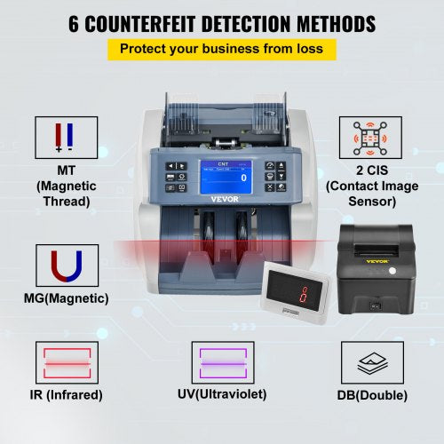 Money Machine, Mixed Denominations Money Counter, 5 Counterfeit Detections Bill Counter, 8 Working Modes Cash Machine, 800/1000/1200/1500pcs/min Note Counting Machine w/ Printer for Bank