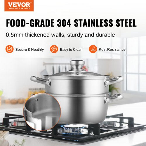 Steamer Pot, 9.5in/24cm Steamer Pot for Cooking with 5QT Stock Pot and Vegetable Steamer, Food-Grade 304 Stainless Steel Food Steamer Cookware with Lid for Gas Electric Induction Grill Stove