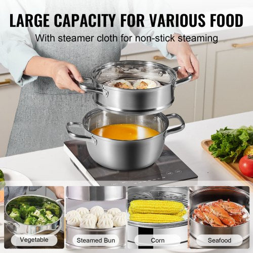 Steamer Pot, 9.5in/24cm Steamer Pot for Cooking with 5QT Stock Pot and Vegetable Steamer, Food-Grade 304 Stainless Steel Food Steamer Cookware with Lid for Gas Electric Induction Grill Stove
