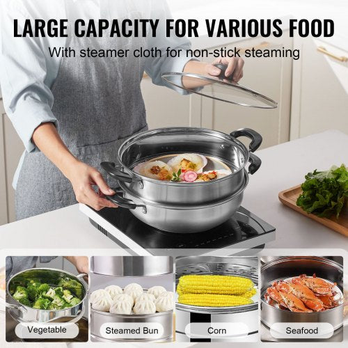 Steamer Pot, 11in/28cm Steamer Pot for Cooking with 3QT Stock Pot and Vegetable Steamer, Food-Grade 304 Stainless Steel Food Steamer Cookware with Lid for Gas Electric Induction Grill Stove