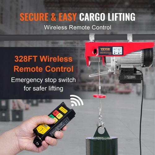Electric Hoist, 2200 lbs Lifting Capacity, 1600W 220V Electric Steel Wire Winch with Wireless Remote Control, 40ft Single Cable Lifting Height & Pure Copper Motor, for Garage Warehouse Factory