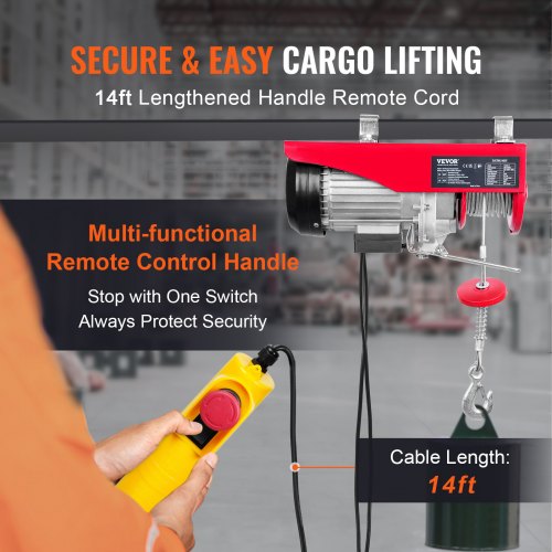 Electric Hoist, 1320 lbs Lifting Capacity, 1150W 220V Electric Steel Wire Winch with 14ft Wired Remote Control, 40ft Single Cable Lifting Height & Pure Copper Motor, for Garage Warehouse Factory