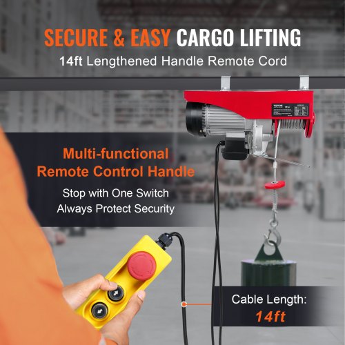 Electric Hoist, 2200 lbs Lifting Capacity, 1600W 220V Electric Steel Wire Winch with 14ft Wired Remote Control, 40ft Single Cable Lifting Height & Pure Copper Motor, for Garage Warehouse Factory