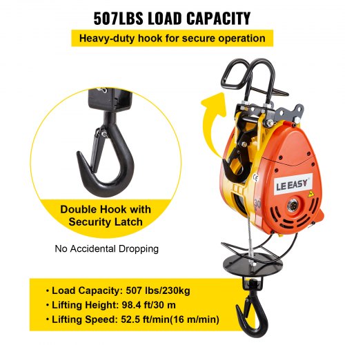 Electric Chain Hoist 230kg Capacity Electric Winch 507lbs with 98ft/30m Length Steel Wire Rope Remote Control Crane Overhead Electric Trolley with Pulley System 110 Volts 1 Phase