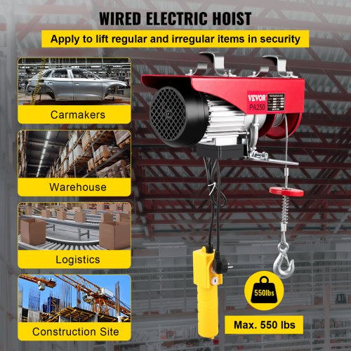 125 Kg/250 Kg Electric Hoist Lifting Crane Remote Control Power System, Alloy Steel Wire Overhead Crane Garage Ceiling Pulley Winch w/Premium 1.5 M/5 Ft Long Cable