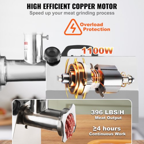 Electric Meat Grinder, 794 Lb/H Capacity, 1100W (6000W MAX) Industrial Meat Mincer with 2 Blade, 3 Grinding Plates, Sausage Maker & Kubbe Kit 304 Stainless Steel Commercial Meat Grinder, ETL Lis