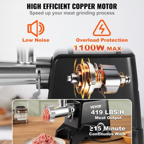 Electric Meat Grinder, 419 Lb/H Capacity, 575W(1100W MAX) Industrial Meat Mincer w/ 2 Blade, 3 Grinding Plates, Sausage Maker Die-cast Aluminum Commercial Meat Grinder, ETL Listed