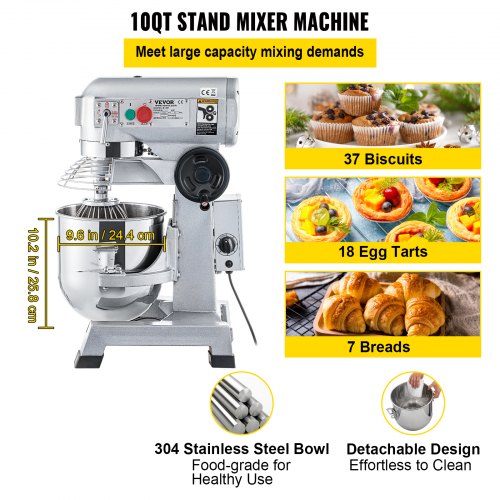 Commercial Stand Mixer, 10Qt Stainless Steel Bowl, 850W Heavy Duty Electric Food Mixer with 3 Speeds Adjustable 113/184/341 RPM, Dough Hook Whisk Beater Included, Perfect for Bakery Pizzeria