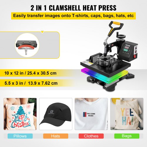 Heat Press Machine, 10x12inch / 25x30cm, 2IN1 Clamshell Sublimation Transfer Printer with Teflon Coated, Digital Precise Heat Control, Powerpress for T-Shirt Hat Cap