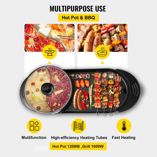 2 in 1 BBQ Pan Grill and Hot Pot with Divider Multifunctional Teppanyaki Grill Pot, Separate Dual Temperature Control Electric BBQ Stove Hot Pot, 5 Speed for Indoor Korean BBQ, Shabu Shabu Black