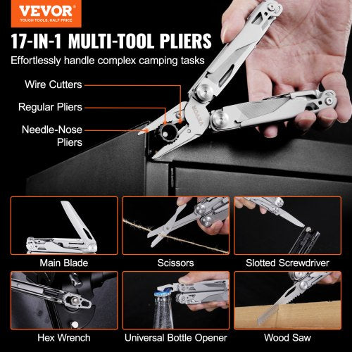 17-In-1 Multitool Pliers, Multi Tool Pliers, Cutters, Knife, Scissors, Ruler, Screwdrivers, Wood Saw, Can Bottle Opener, with Safety Locking and Sheath, for Survival, Camping, Hunting and Hiking