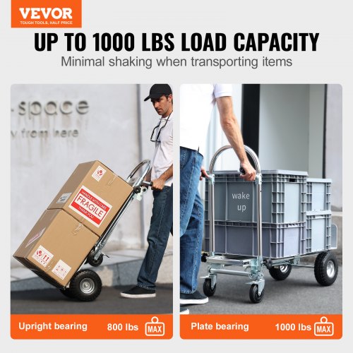 Aluminum Hand Truck, 4 in 1, 1000 lbs Load Capacity, Heavy Duty Industrial Convertible Folding Hand Truck and Dolly, Utility Cart Converts from Hand Truck to Platform Cart with Rubber Wheels