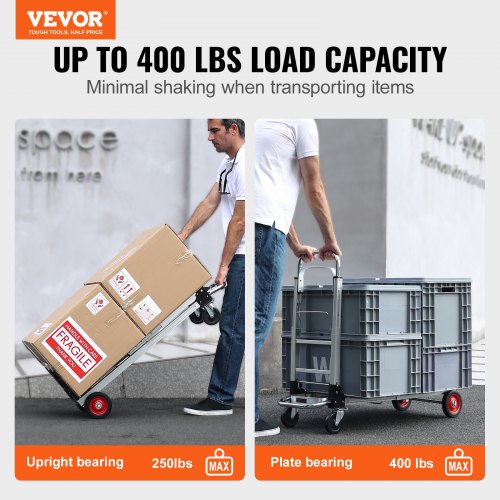 Aluminum Hand Truck, 2 in 1, 400 lbs Load Capacity, Heavy Duty Industrial Convertible Folding Hand Truck and Dolly, Utility Cart Converts from Hand Truck to Platform Cart with Rubber Wheels
