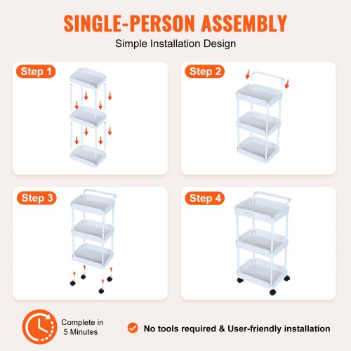 3-Tier Rolling Utility Cart, Kitchen Cart with Lockable Wheels, Multi-Functional Storage Trolley with Handle for Office, Living Room, Kitchen, Movable Storage Basket Organizer Shelves, White