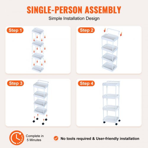 4-Tier Rolling Utility Cart, Kitchen Cart with Lockable Wheels, Multi-Functional Storage Trolley with Handle for Office, Living Room, Kitchen, Movable Storage Basket Organizer Shelves, White