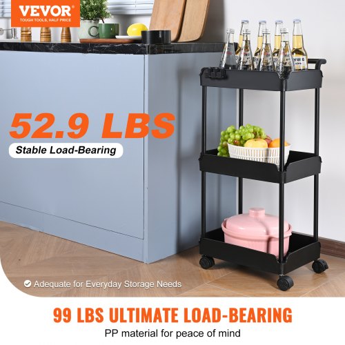 3-Tier Rolling Utility Cart, Kitchen Cart with Lockable Wheels, Multi-Functional Storage Trolley with Handle for Office, Living Room, Kitchen, Movable Storage Basket Organizer Shelves, Black