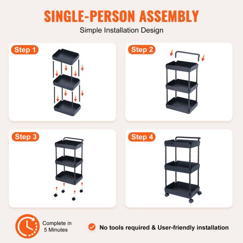 3-Tier Rolling Utility Cart, Kitchen Cart with Lockable Wheels, Multi-Functional Storage Trolley with Handle for Office, Living Room, Kitchen, Movable Storage Basket Organizer Shelves, Black