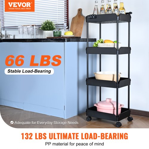 4-Tier Rolling Utility Cart, Kitchen Cart with Lockable Wheels, Multi-Functional Storage Trolley with Handle for Office, Living Room, Kitchen, Movable Storage Basket Organizer Shelves, Black