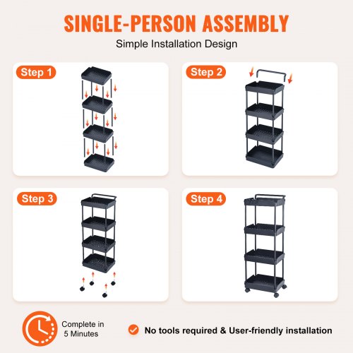 4-Tier Rolling Utility Cart, Kitchen Cart with Lockable Wheels, Multi-Functional Storage Trolley with Handle for Office, Living Room, Kitchen, Movable Storage Basket Organizer Shelves, Black