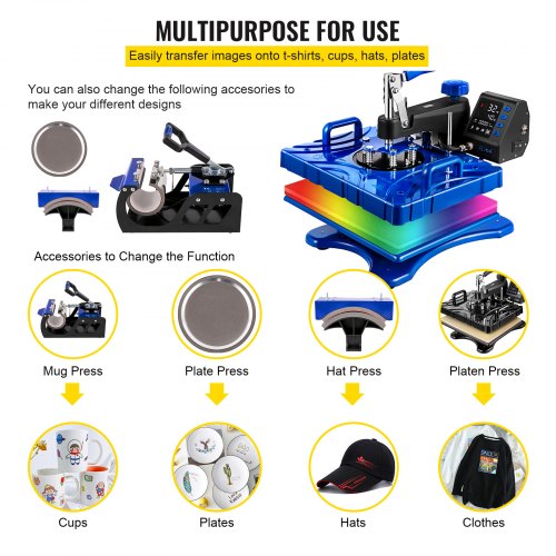 Heat Press 5 In 1 12x15 Inch Sublimation Machine 1000W Blue Multifunctional Swing Away Heat Press T-shirt Printer Transfer Dual-tube Heating 360 Degree Rotation for DIY Cap and Mugs