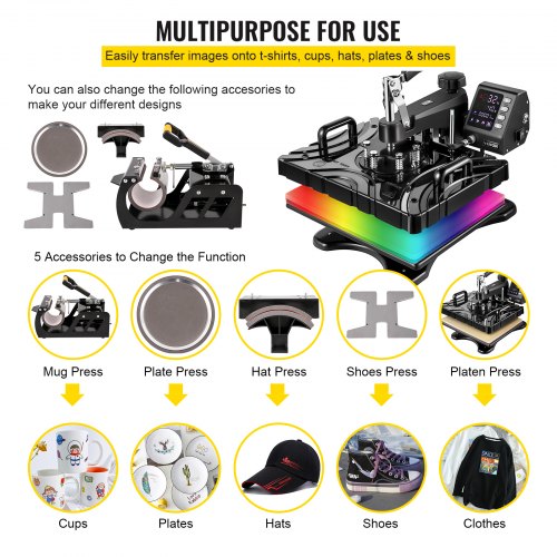 Heat Press 12X15 Inch 6 In 1 Heat Press 1000W Swing Away Black Sublimation Printer Transfer Machine T-Shirt Press with Dual-tube Heating Accurate Control Screen Display for DIY Shoes Cap Mugs