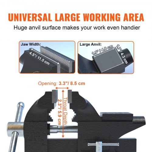 Bench Vise, 4.5-inch Jaw Width 3.3-inch Jaw Opening , 240-Degree Swivel Locking Base Multipurpose Vise w/ Anvil, Heavy Duty Cast Iron Workbench Vise w/ Bolts & Nuts, for Drilling, Pipe Cutting