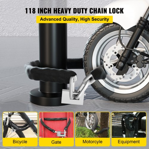 Heavy Duty Chain Lock, 118" Long Chain Security Chain and Lock Kit, 0.4" Premium Case-Hardened Chain Pure Brass Lock Core with 3 Keys, Fit for Motorcycle, Generator, Gates, Bicycle, Scooter