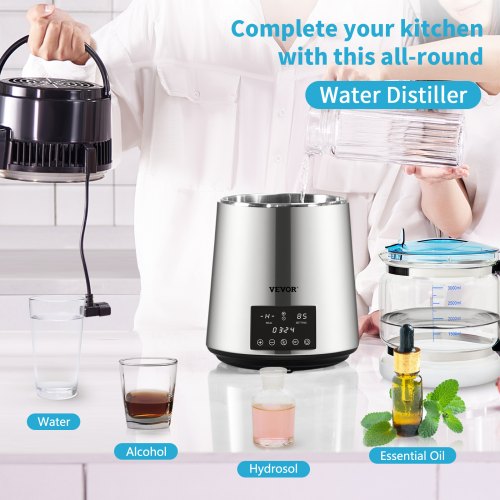 Water Distiller, 1 L/H, 4L Distilled Water Maker w/ 0-99 H Timing, 750W Countertop Water Purifier w/ Dual Temp Display, Glass Carafe Cleaning Powder 3 Carbon Packs Equipped, FDA Approved, Silver