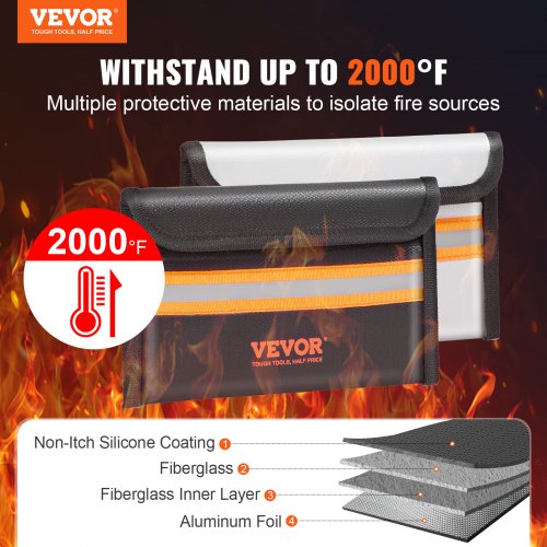 Fireproof Document Bag, 2 pcs 8"x5" Fireproof Money Bag 2000℉, Fireproof and Waterproof Bag with Zipper and Reflective Strip, for Money, Documents, Jewelry and Passport