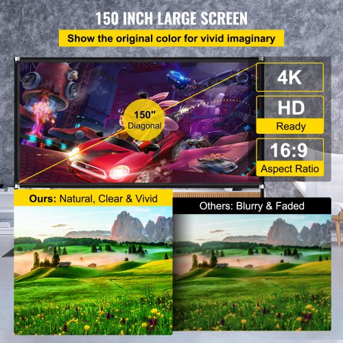 Outdoor Movie Screen w/ Stand, 150" Portable Movie Screen, 16:9 HD Wide Angle Outdoor Projector Screen, Front & Rear Projection, w/ Storage Bag & Stand for Office Home Theater Outdoor Indoor Use