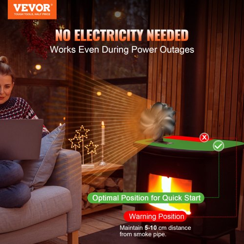 Wood Stove Fan Heat Powered, Quiet Fireplace Fans for Wood/Log Burner/Heater, 180 CFM Max. Airflow Non Electric, Circulating Warm Air Saving Fuel, 4 Blades Upgrade Design, 7.0'' x3.9'' x 7.0''