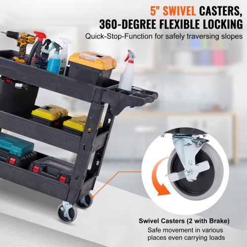 Utility Service Cart, 3 Shelf 550LBS Heavy Duty Plastic Rolling Utility Cart with 360° Swivel Wheels (2 with Brakes), Medium Lipped Shelf, Ergonomic Storage Handle for Warehouse/Garage/Cleaning