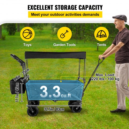 Collapsible Wagon Cart Black Foldable Wagon Cart Removable Canopy 600D Oxford Cloth Collapsible Wagon Oversized Wheels Portable Folding Wagon Adjustable Handles for Beach, Garden, Sports
