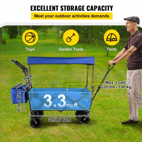 Collapsible Wagon Cart, Foldable Wagon Cart w/ Removable Canopy 600D Oxford Cloth, Collapsible Wagon Oversized Wheels Portable Folding Wagon Adjustable Handles, For Beach, Garden, Sports, Blue