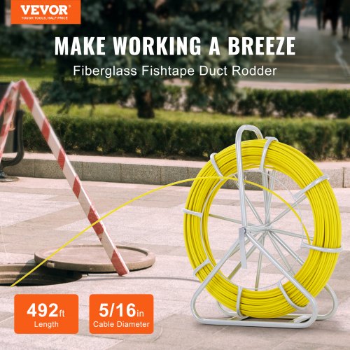 Fish Tape Fiberglass, 492 ft, 5/16 in, Duct Rodder Fishtape Wire Puller, Cable Running Rod with Steel Reel Stand, 3 Pulling Heads, Fishing Tools for Walls and Electrical Conduit, Non-Conductive