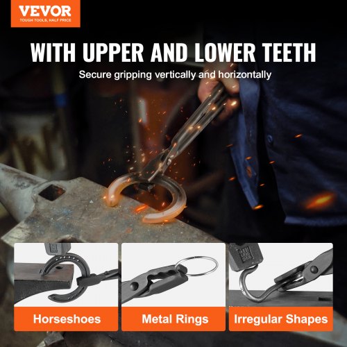 Blacksmith Tongs, 18” Wolf Jaw Tongs, Carbon Steel Forge Tongs with A3 Steel Rivets, for Horseshoes, Curved Shapes, Block Forgings, for Beginner and Seasoned Blacksmiths and Bladesmiths