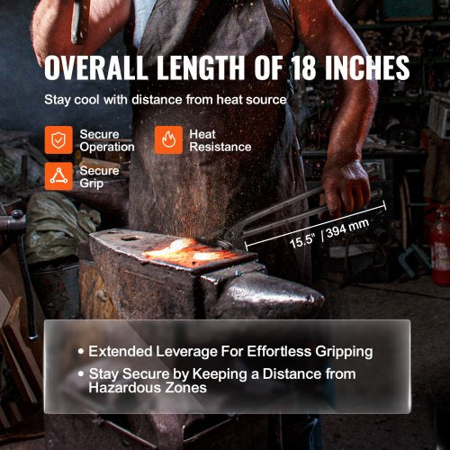 Blacksmith Tongs, 18” Wolf Jaw Tongs, Carbon Steel Forge Tongs with A3 Steel Rivets, for Horseshoes, Curved Shapes, Block Forgings, for Beginner and Seasoned Blacksmiths and Bladesmiths