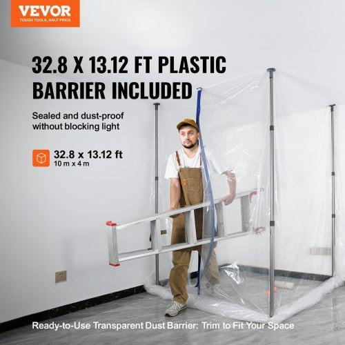 Dust Barrier Poles, 12 Ft Spring Barrier Loaded Poles, Dust Barrier System with 4 Telescoping Poles, Magnetic Zipper, Carry Bag and 32.8x13.12 Ft Plastic Film, for Interior Decoration, Painting
