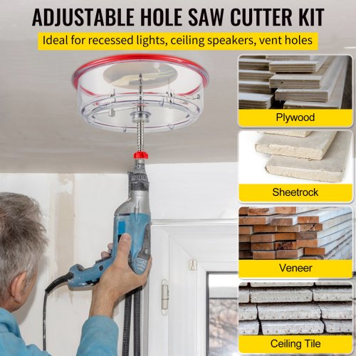 Adjustable Hole Saw Cutter Kit, 1-5/8" to 11-13 /16" (40-300 mm), Recessed Hole Saw with PC Dust Shield, Two Replaceable Pilot Drill Bits, for Recessed Lights, Ceiling Speakers, Vent Holes