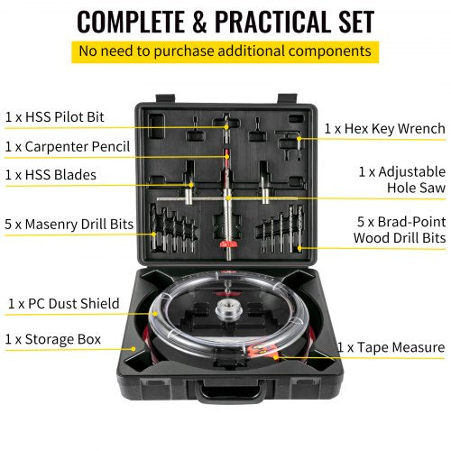 Adjustable Hole Saw Cutter Kit, 1-5/8" to 11-13 /16" (40-300 mm), Recessed Hole Saw with PC Dust Shield, Two Replaceable Pilot Drill Bits, for Recessed Lights, Ceiling Speakers, Vent Holes
