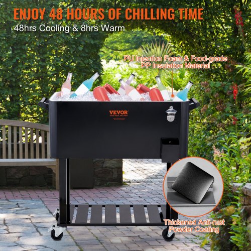 Rolling Ice Chest Cooler Cart 80 Quart, Portable Bar Drink Cooler, Beverage Bar Stand Up Cooler with Wheels, Bottle Opener, Handles for Patio, Backyard, Party and Pool, Black, FDA Listed